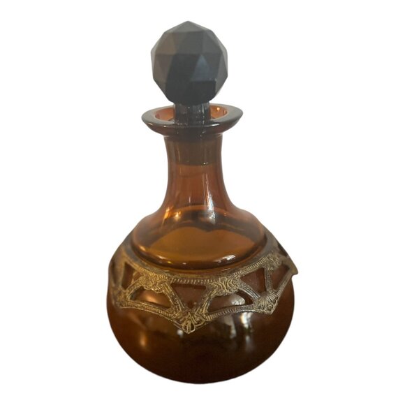 Amber Decanter, Vase Skinny Neck Round Bottom, Metal Accent Ring 7" Tall Stopper - Picture 5 of 9